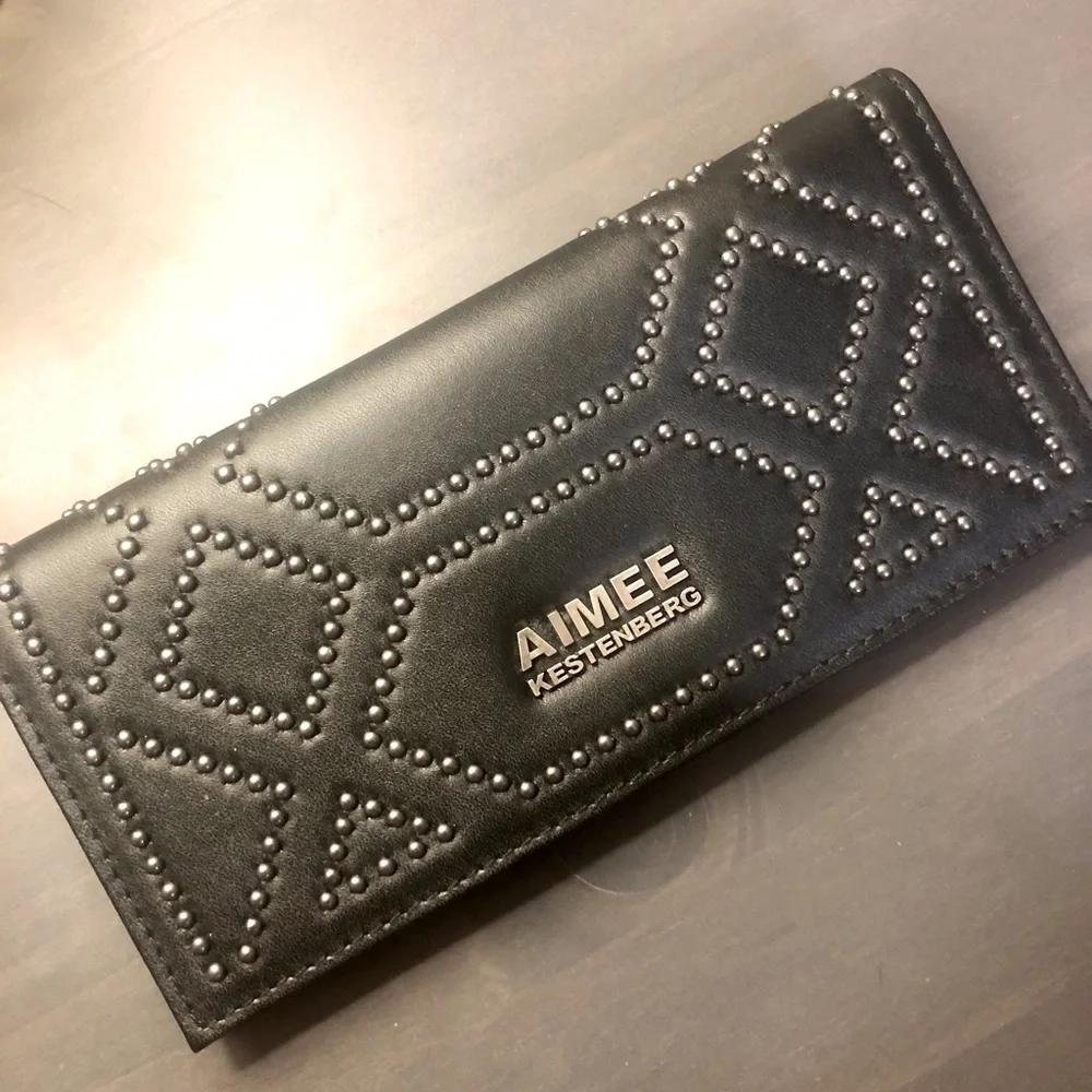 NWT Aimee Kestenberg large black studded 100% genuine leather wallet